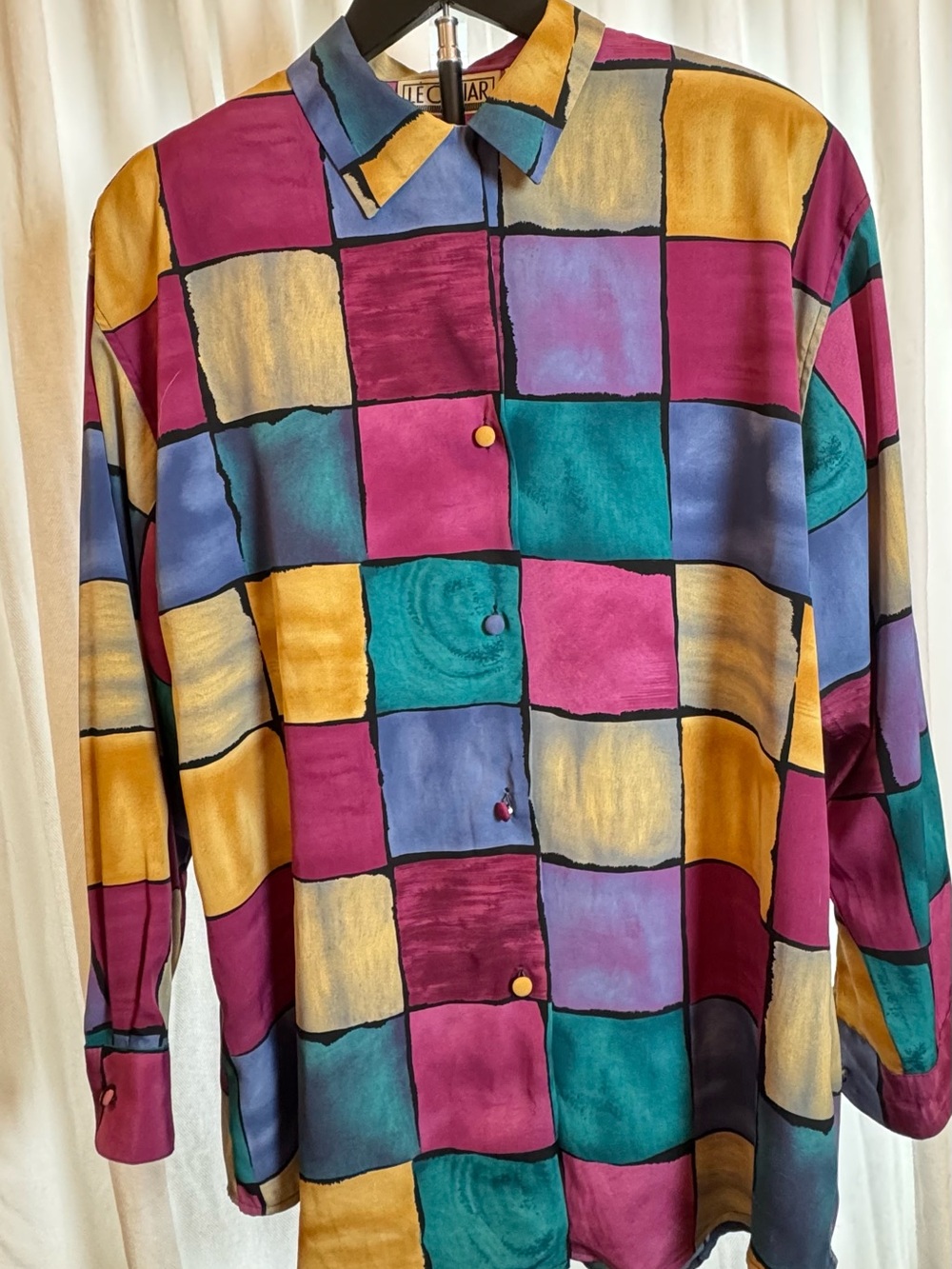 Vintage 90s Le Caviar Geometric Colorblock Silk-Feel Button Up Shirt